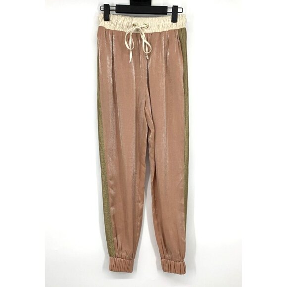 Zara Jogger Pants Pink Satin Metallic Drawstring Pull On Pockets - Picture 1 of 11